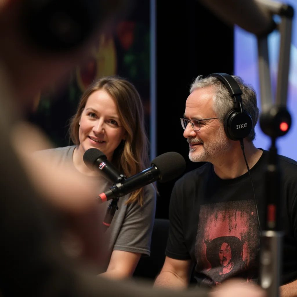Ekkehard Schmider and a female co-host recording a podcast in a studio, wearing headphones and speaking into microphones.