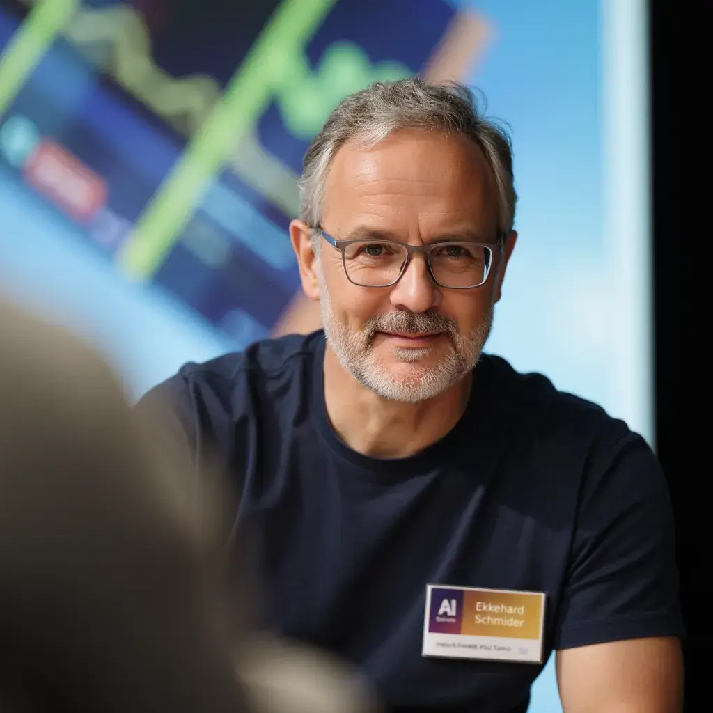 A middle-aged man Ekkehard Schmider, wearing a name tag and a dark blue shirt, is seen speaking in front of a screen displaying data and charts. He is attending an AI business workshop.